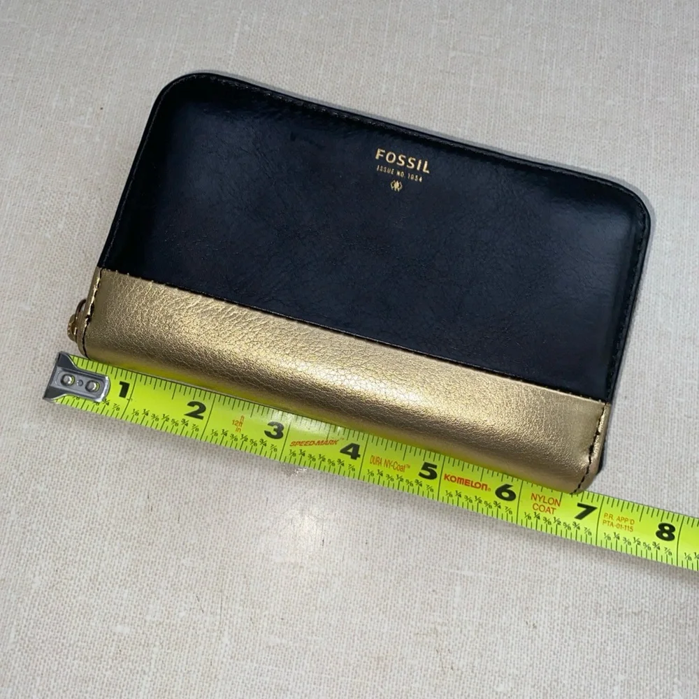 FOSSIL Gold‎ Black Leather Organizer Zip Wallet